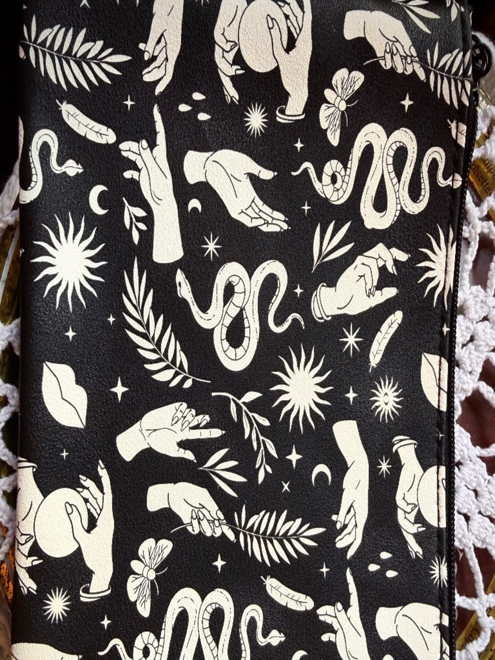 Mystical Black Faux Leather Zipper Pouch adorned with Celestial and Occult Icons